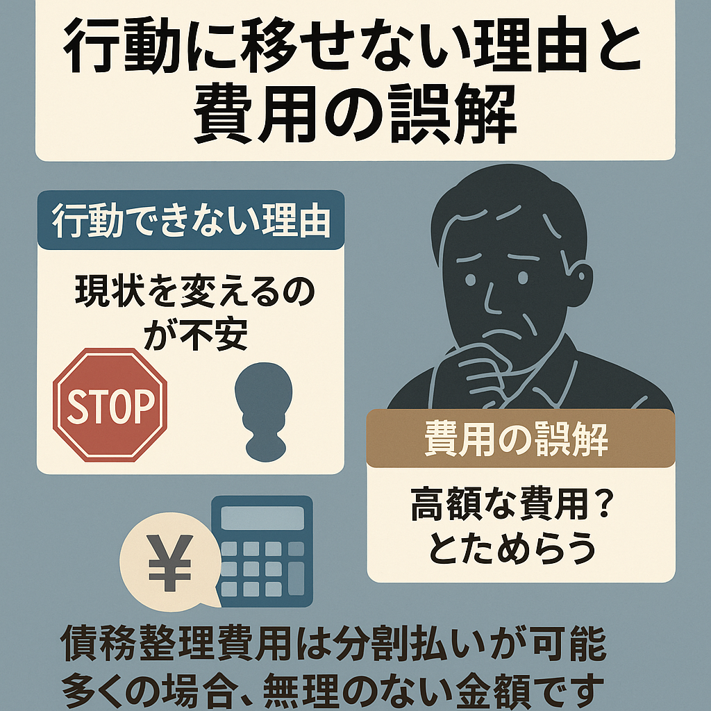 債務整理に関する行動の妨げとなる心理と費用への誤解を視覚的に整理した日本語インフォグラフィック。STOPマークや電卓のイラストが使われている。

