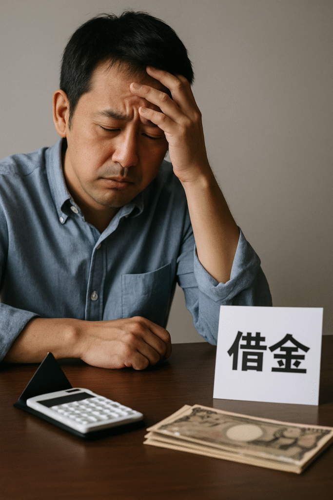 借金に苦しむ中年男性が机に突っ伏し、電卓と日本円、そして「借金」と書かれたカードを前に悩んでいる写真。
