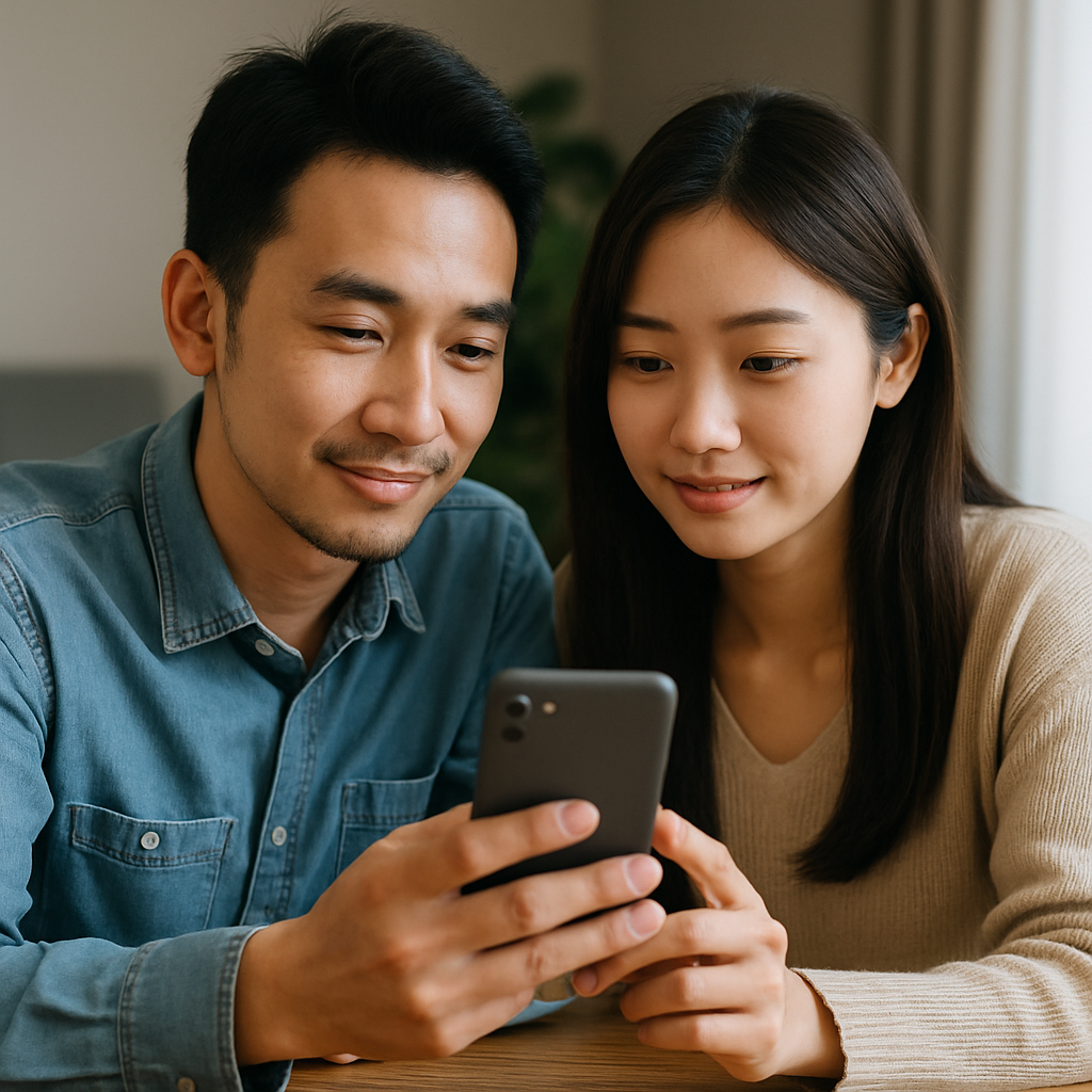 スマートフォンを一緒に見つめる東アジア系の若い男女。穏やかな表情で並んで座り、明るい室内で相談する様子。