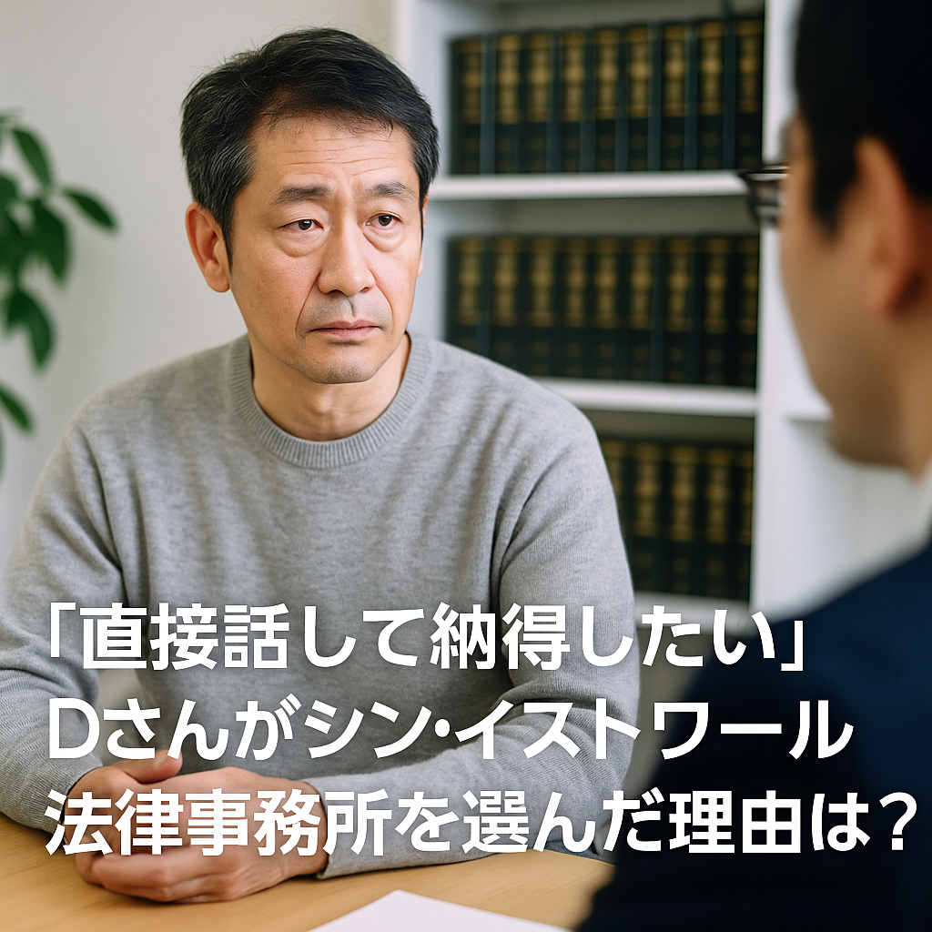 信頼できる相談先を求めて弁護士と面談する中年男性Dさん。真剣な表情で話を聞いている様子。