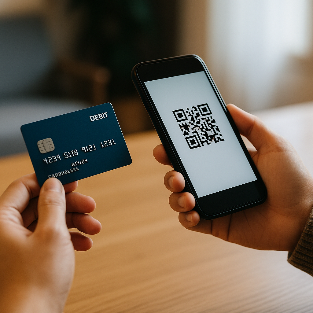 スマートフォンのQRコードと、デビットカードで支払いを行う人の手元。木のテーブルの上で行われる電子決済の様子。