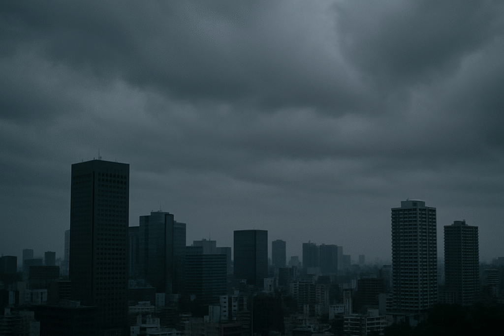 曇り空とビル群が映る静かな都会の風景
