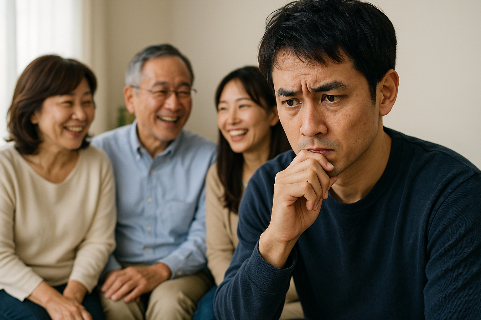 家族と談笑中も、借金がバレるか不安な男性