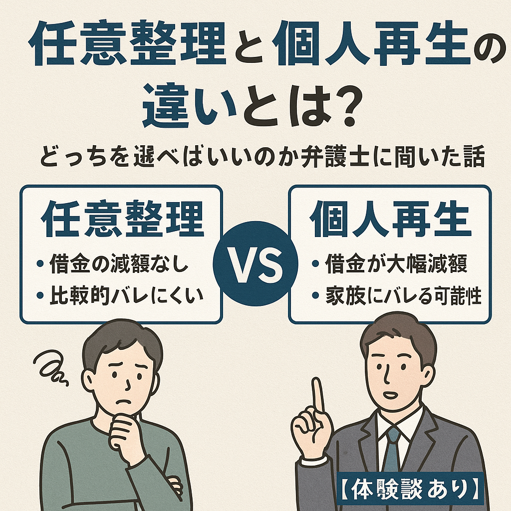 任意整理と個人再生の違いを比較する日本語インフォグラフィック。借金の減額幅やバレるリスクの違いが図解されており、中央に「VS」のマークが配置されている。