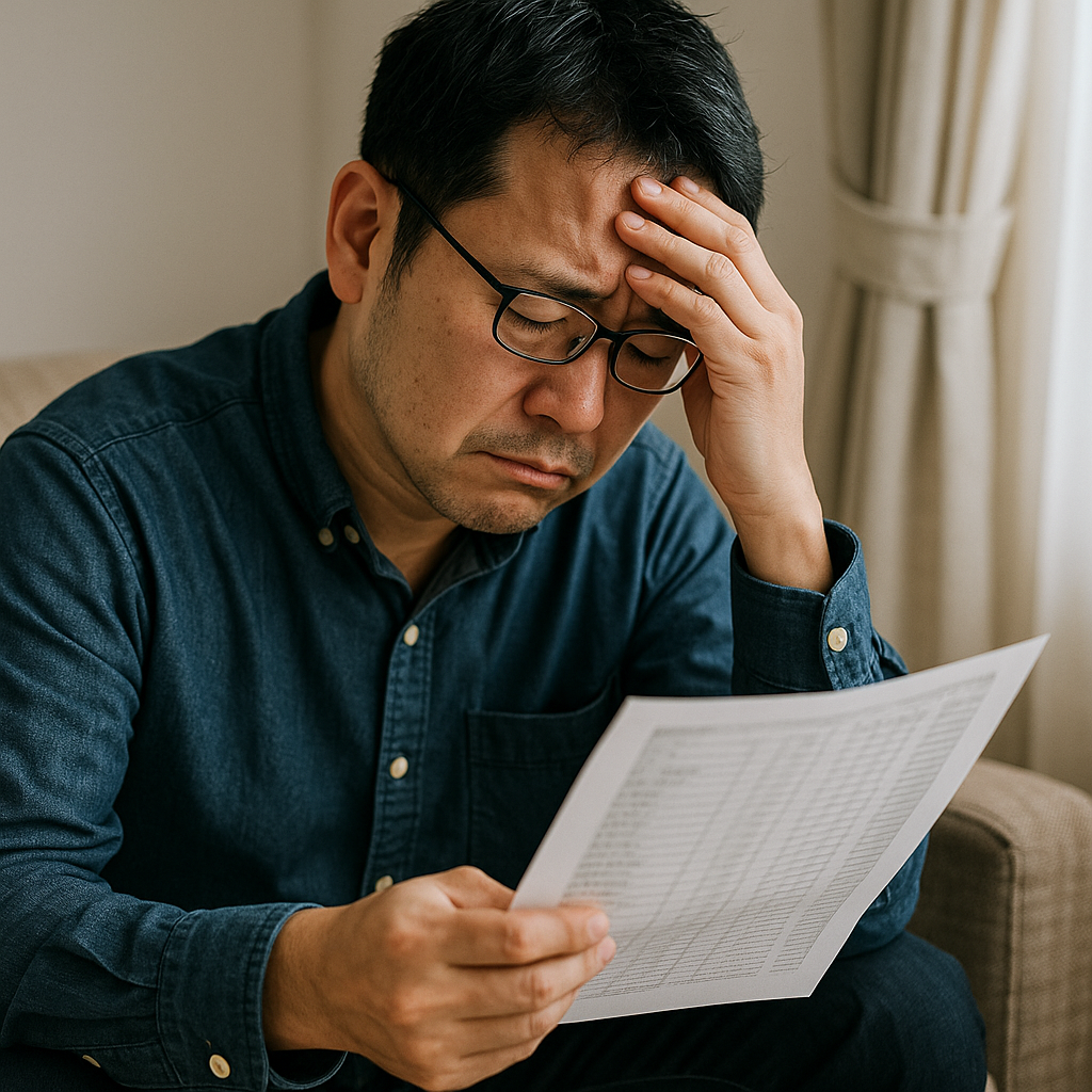 借金関連の書類を手にして不安げな表情を浮かべる眼鏡をかけた中年男性の写真。ソファに座り、静かな部屋で思い詰めている様子。