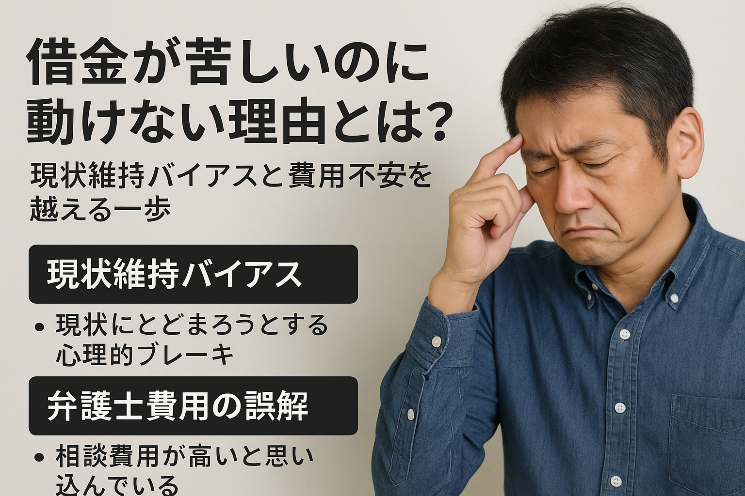 借金が苦しいのに動けない理由を説明する日本語のインフォグラフィック。現状維持バイアスと費用の誤解について解説され、困惑した表情の中年男性が映っている。