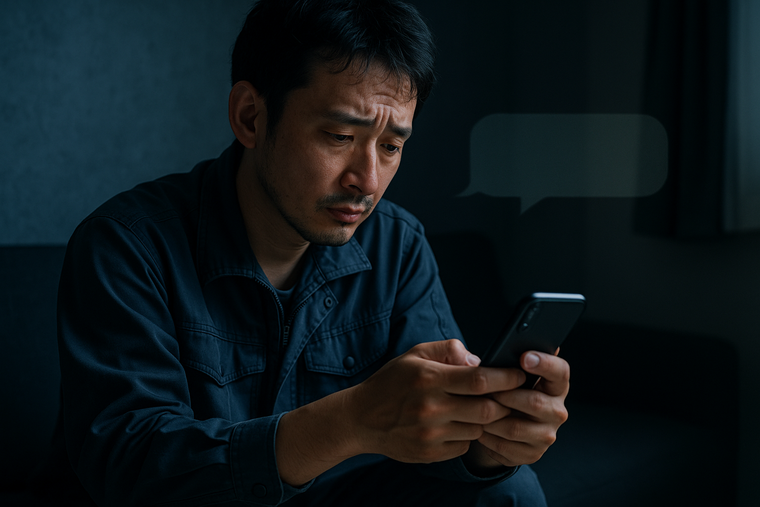 借金に悩み、スマホでLINE相談する30代男性のイラスト。暗い部屋の中で、不安と希望が交錯する表情。