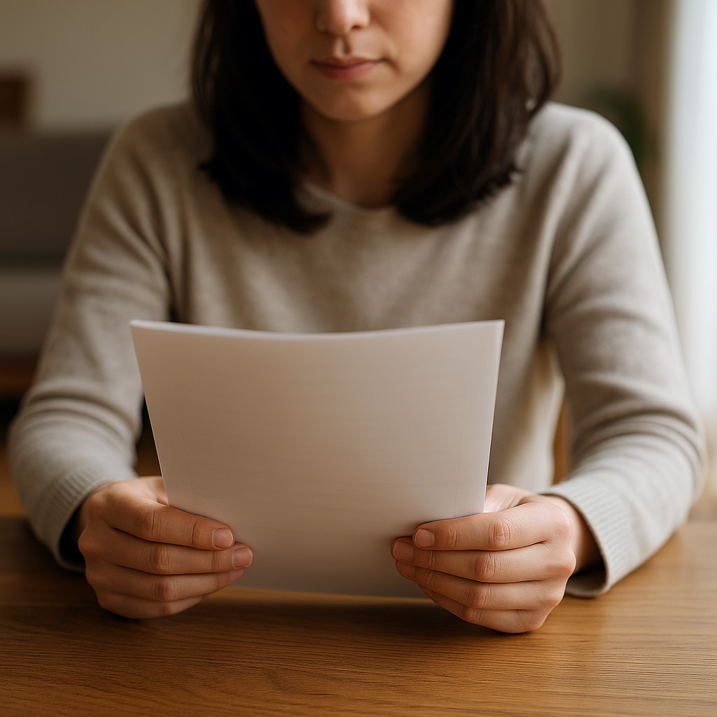 「法テラスのパンフレットを手に、不安げに見つめる若い女性」