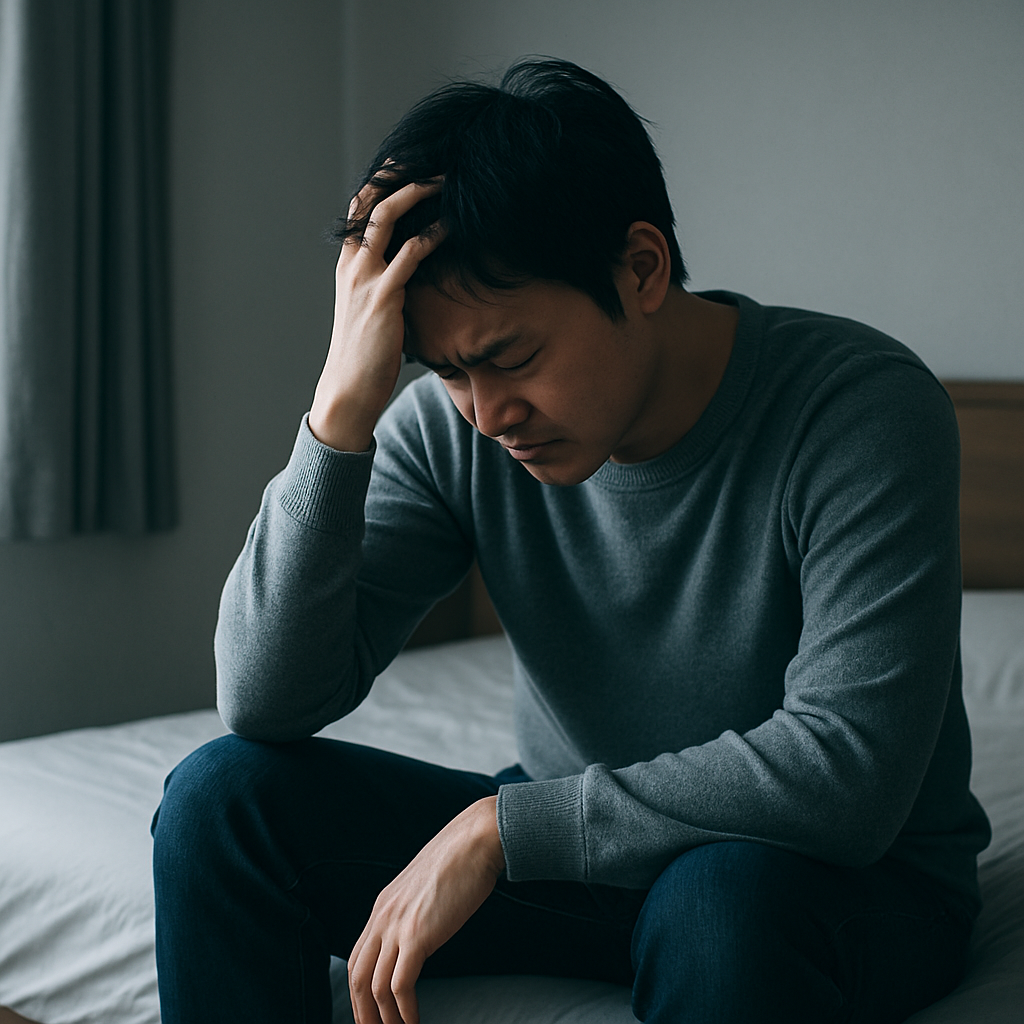 部屋でうつむき、頭を抱えて悩む男性の写真