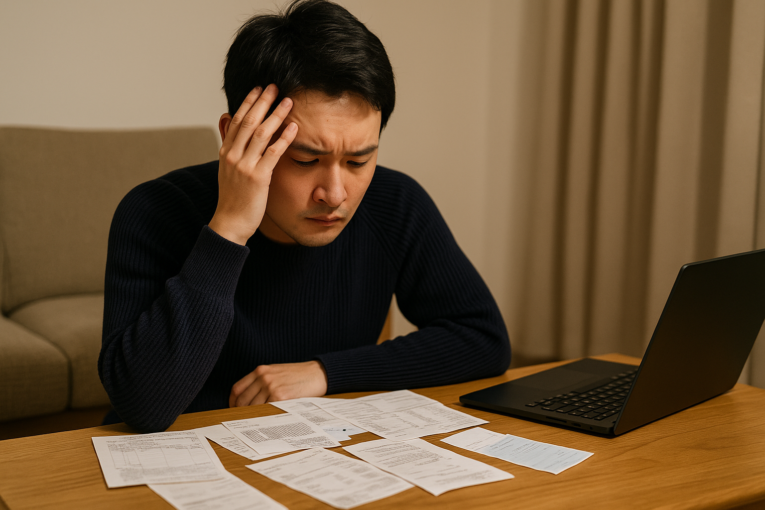 高額な請求書に囲まれ、真剣な表情で頭を抱える若い日本人男性。オンラインカジノによる借金問題に悩む様子を写した写真風の情景。