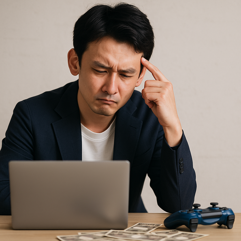 ノートパソコンの前で頭を抱える若い男性。机には紙幣とゲームコントローラーが散らばり、副業失敗と金銭的プレッシャーを象徴する場面。




