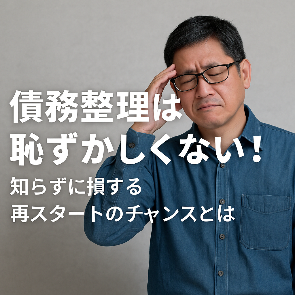 債務整理に悩む中年男性が額に手を当てて思い悩んでいる様子。再出発を考える姿。