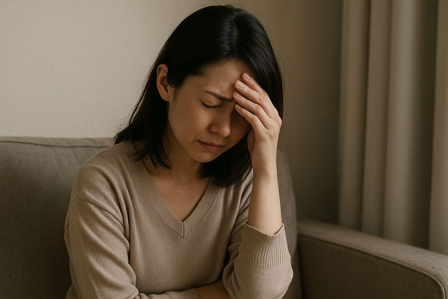 頭を抱えて苦しんでいる女性