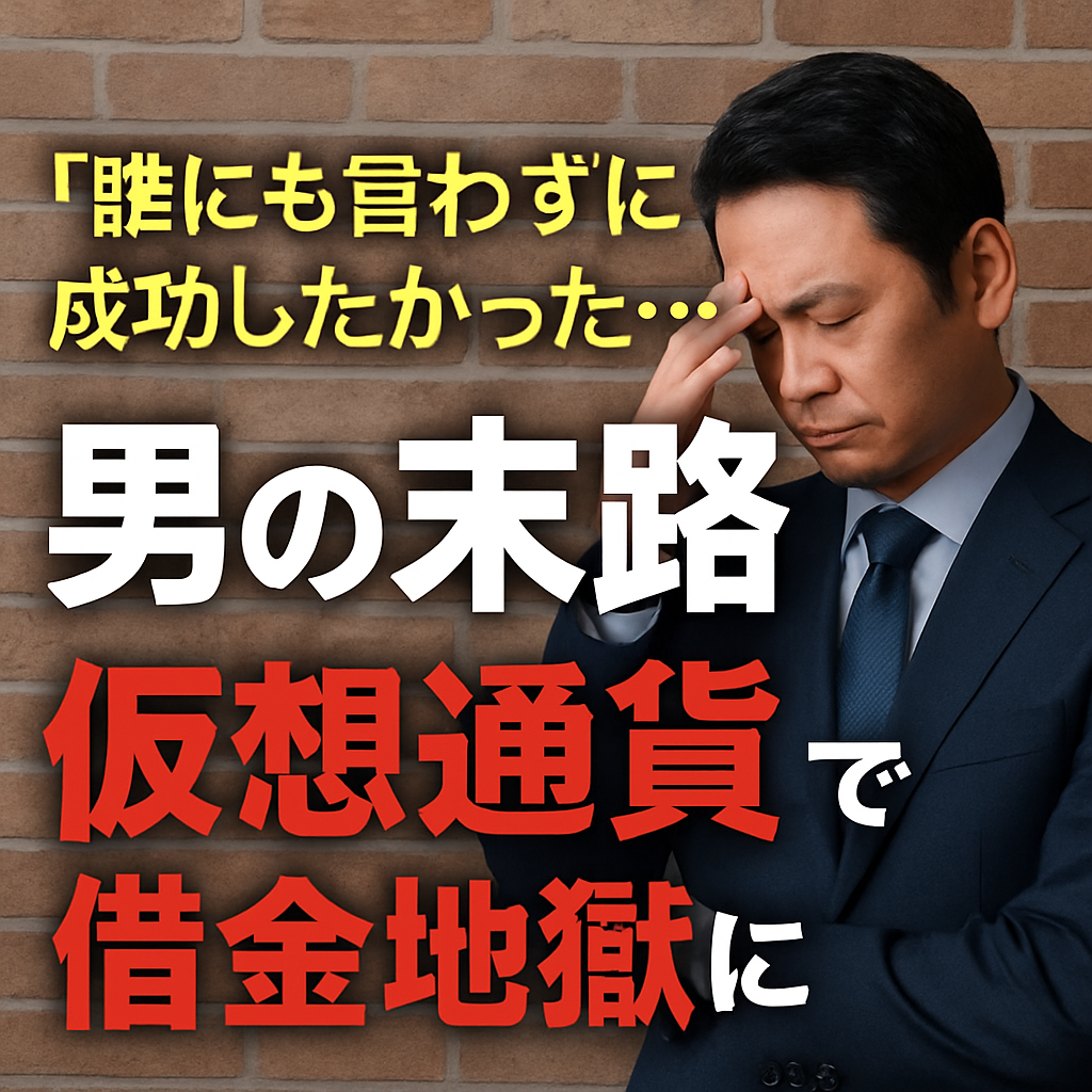 レンガ壁を背景に、スーツ姿で頭を抱える日本人男性。仮想通貨投資の失敗と借金に悩む様子を象徴する構図