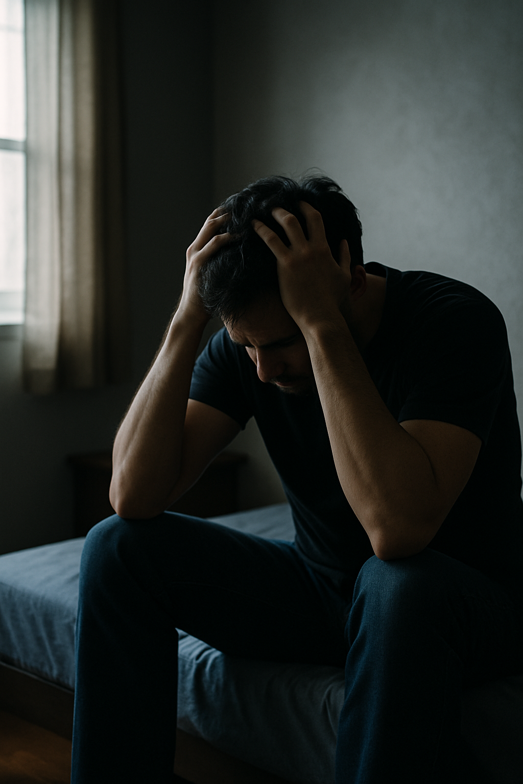 暗い部屋で頭を抱える人物