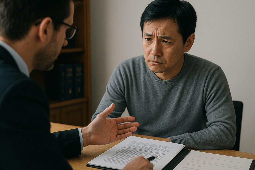 書類を前に、不安げな表情で弁護士と話す男性