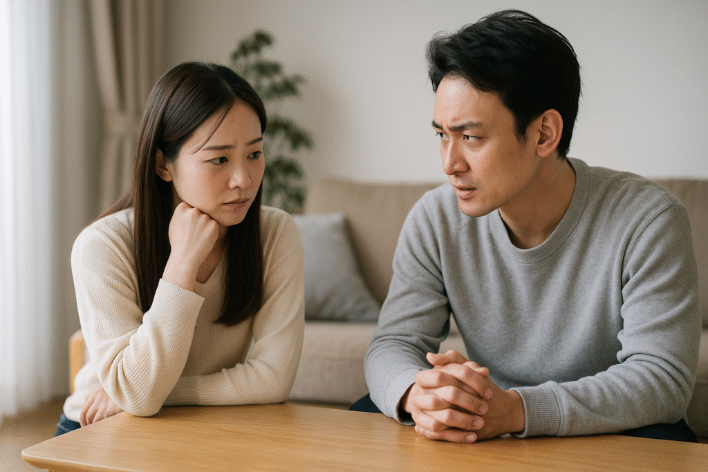 「夫婦がリビングで真剣に話し合っている姿」