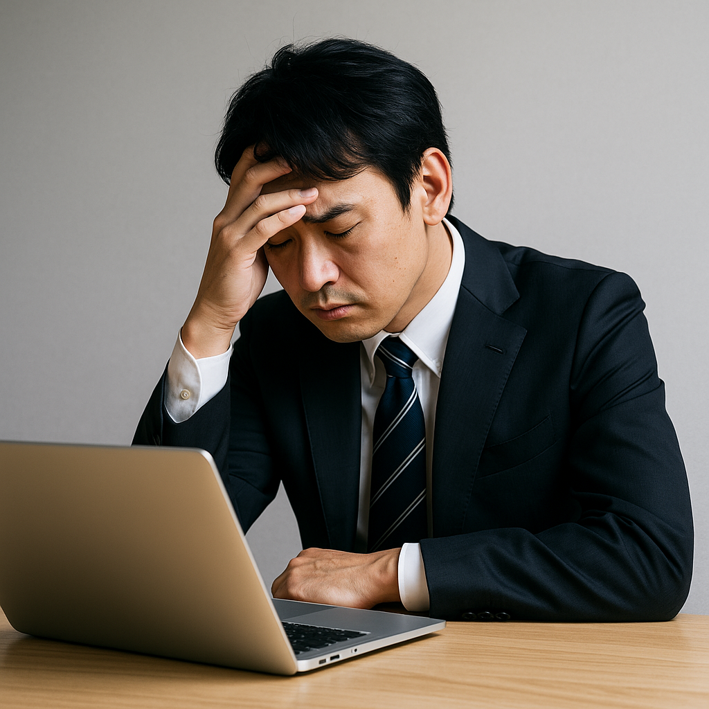 ノートパソコンの前で頭を抱え、思い悩む表情のスーツ姿の日本人男性。仮想通貨投資に失敗した後の精神的な重圧を象徴する場面。