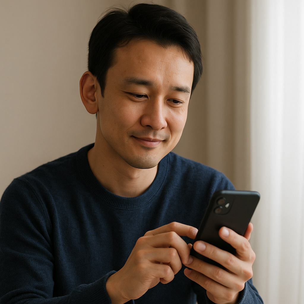 スマートフォンを見つめながら、安心したように微笑む日本人男性。LINE相談によって不安が和らいだ瞬間を切り取った写真風の情景。