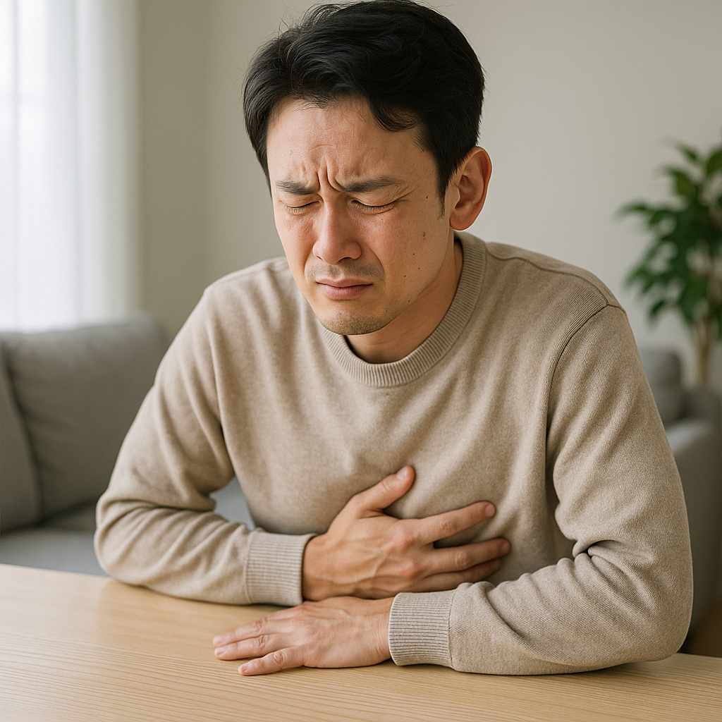 悩み過ぎて胃が痛くなる男性