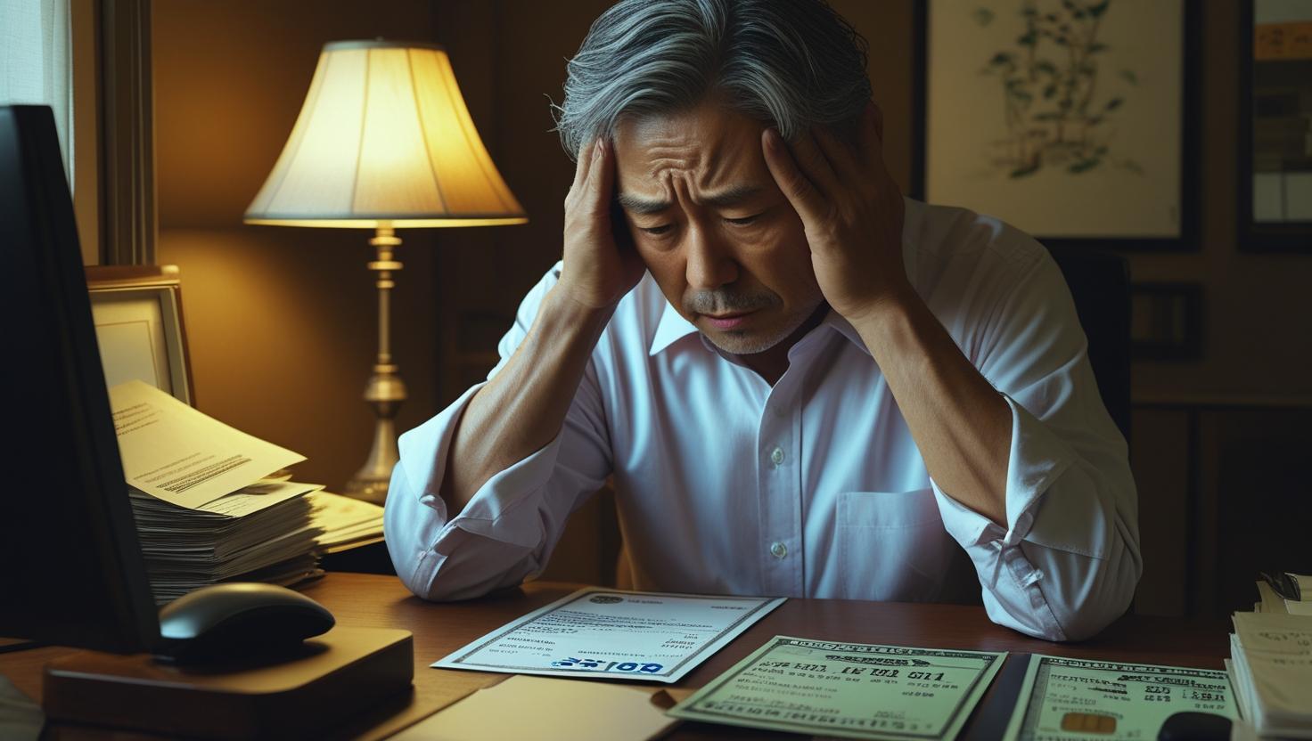 ボーナスの明細書とクレジットカードの請求書を見つめ、頭を抱える中年日本人男性