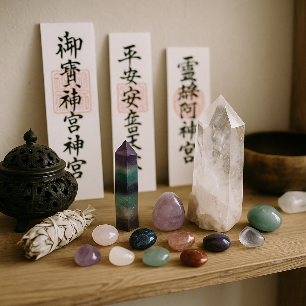 スピリチュアルグッズ（お札や水晶）が並ぶ部屋の一角