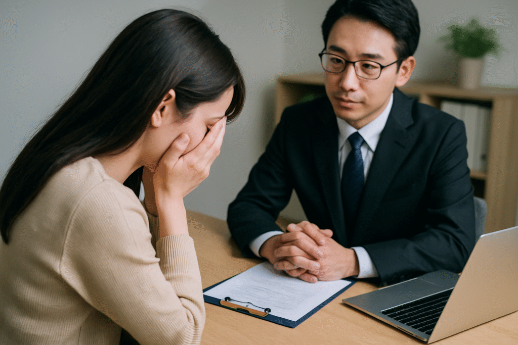 　債務整理について弁護士と真剣に相談する女性の姿

