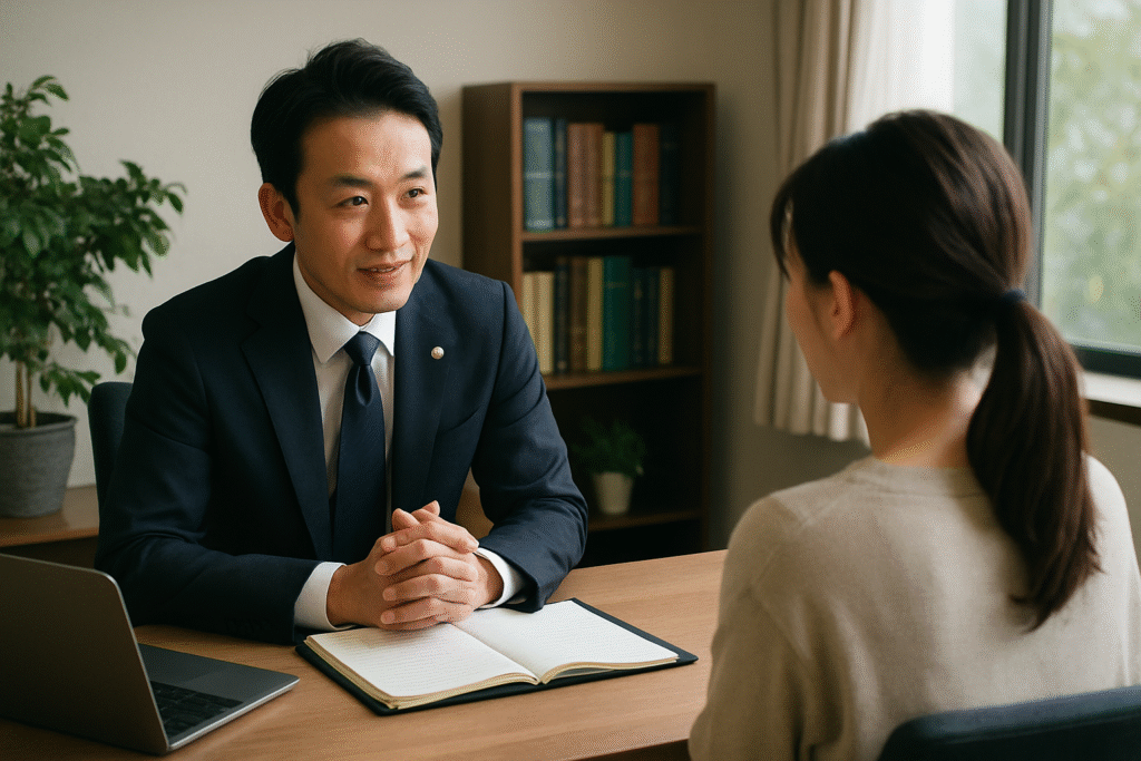 落ち着いた雰囲気の事務所で弁護士と相談している様子