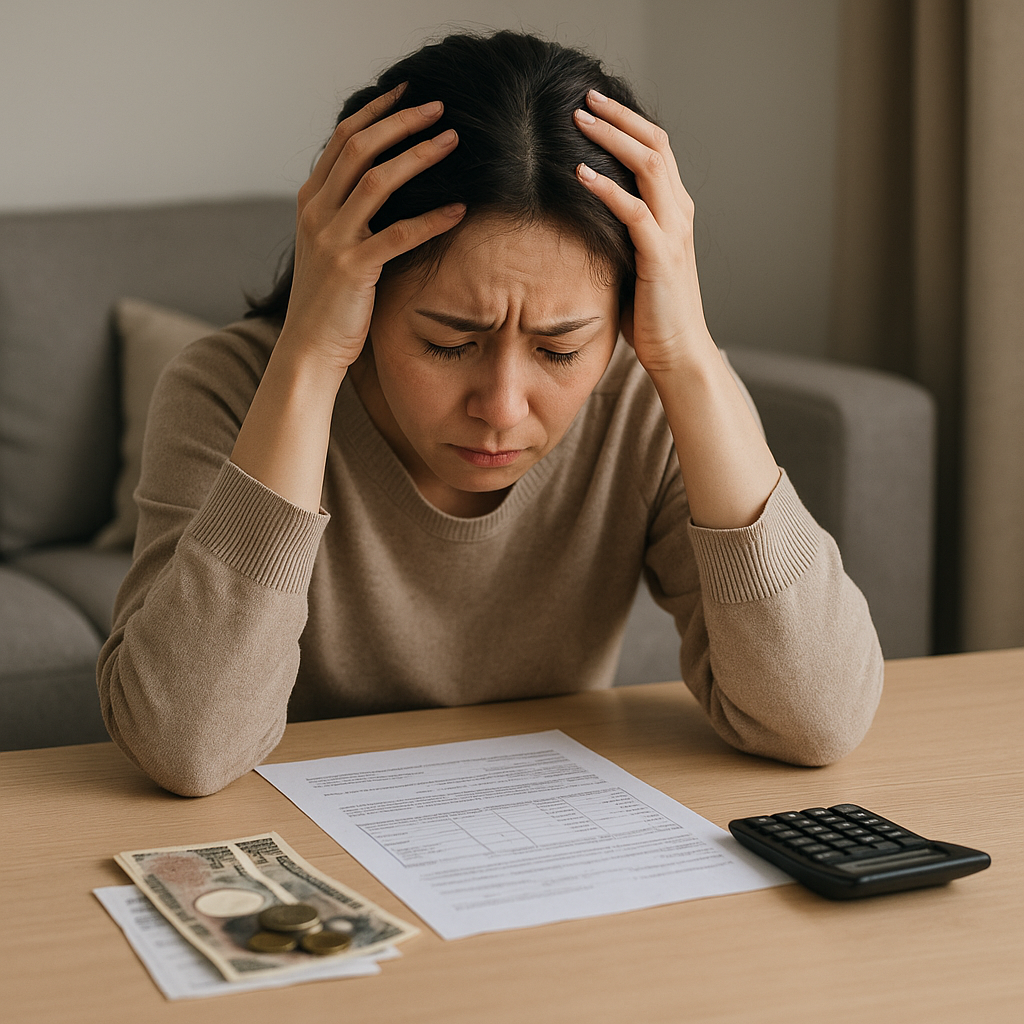 霊感商法による借金問題に悩み、不安そうに机に座る女性の様子