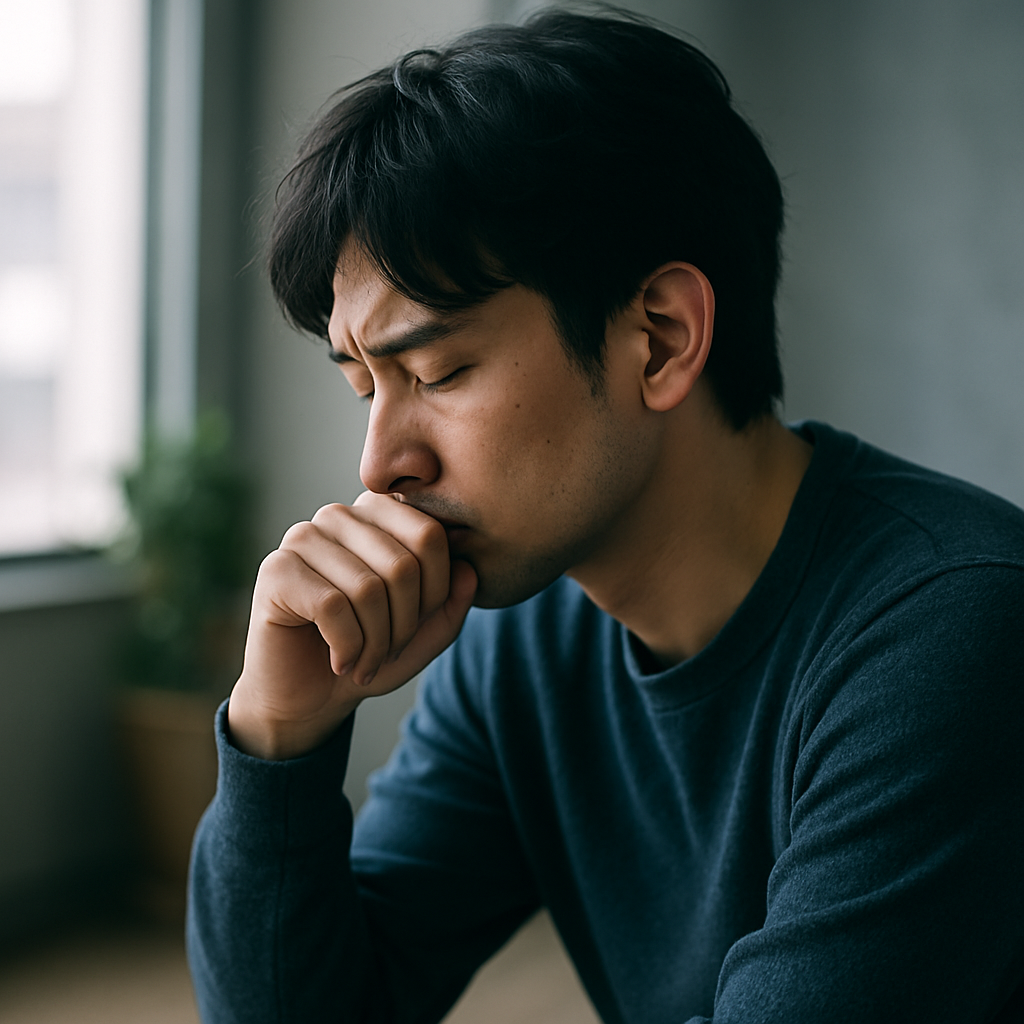 ため息をつきながらうつむく男