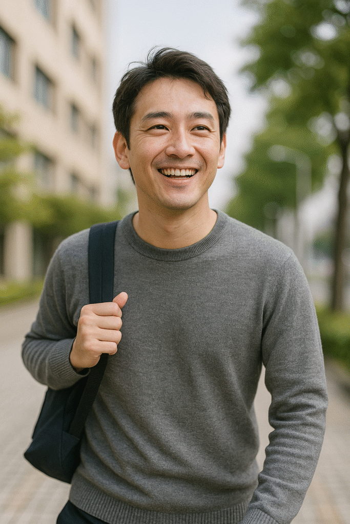 明るい表情で外を歩く男性