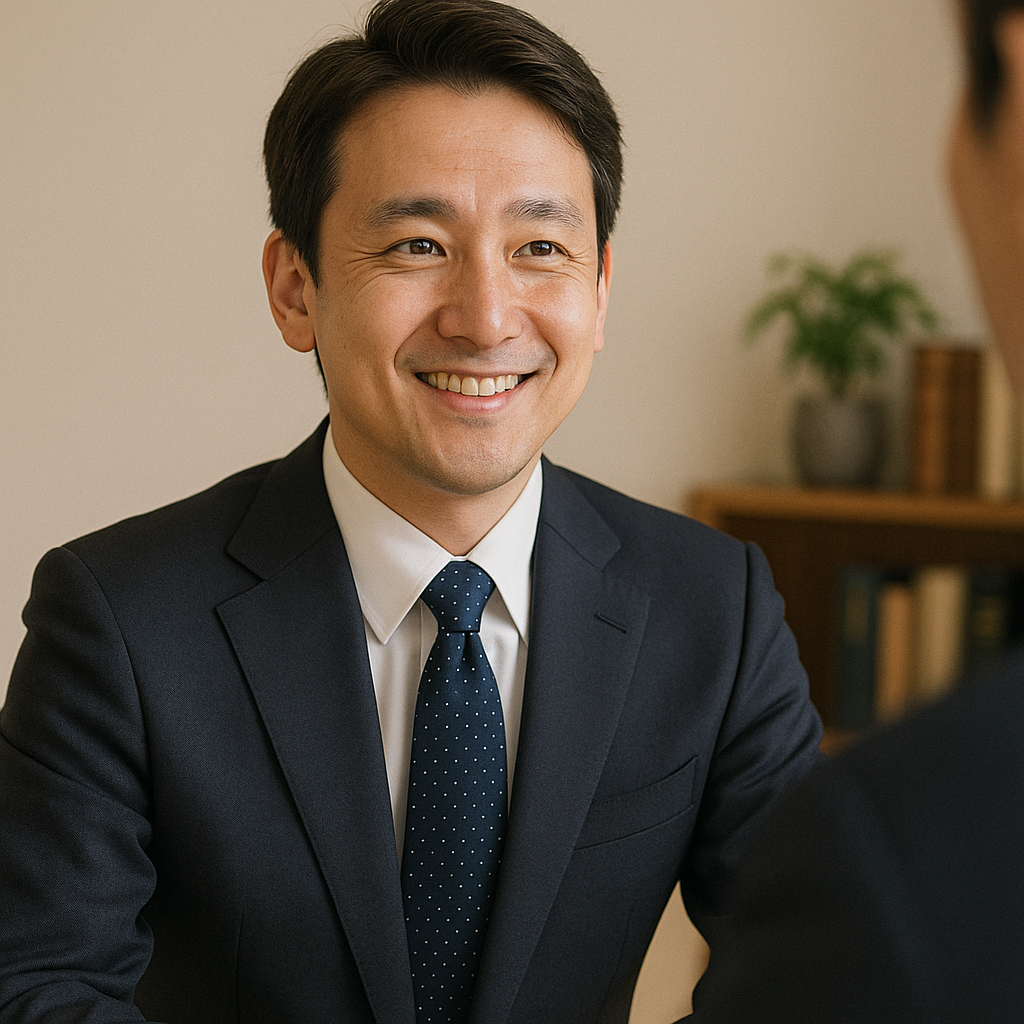 ーツ姿の司法書士風の人物が笑顔で対応している