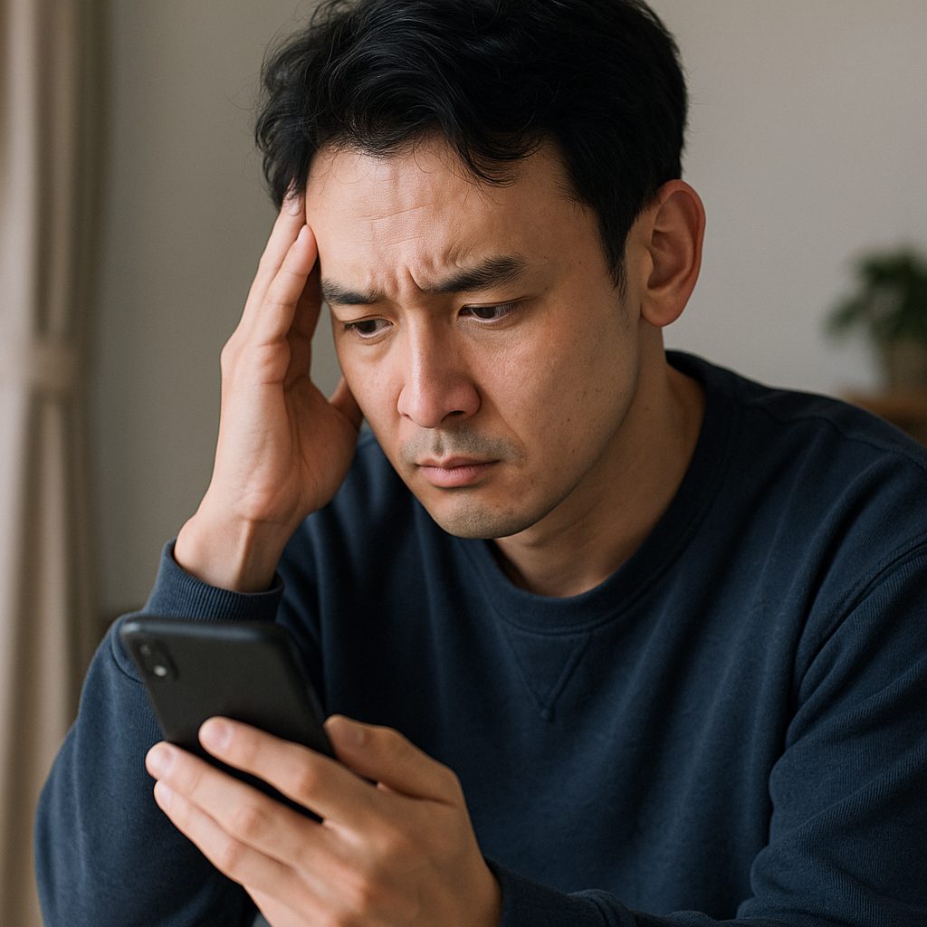 借金に悩み、スマホを見ながら不安そうな男性