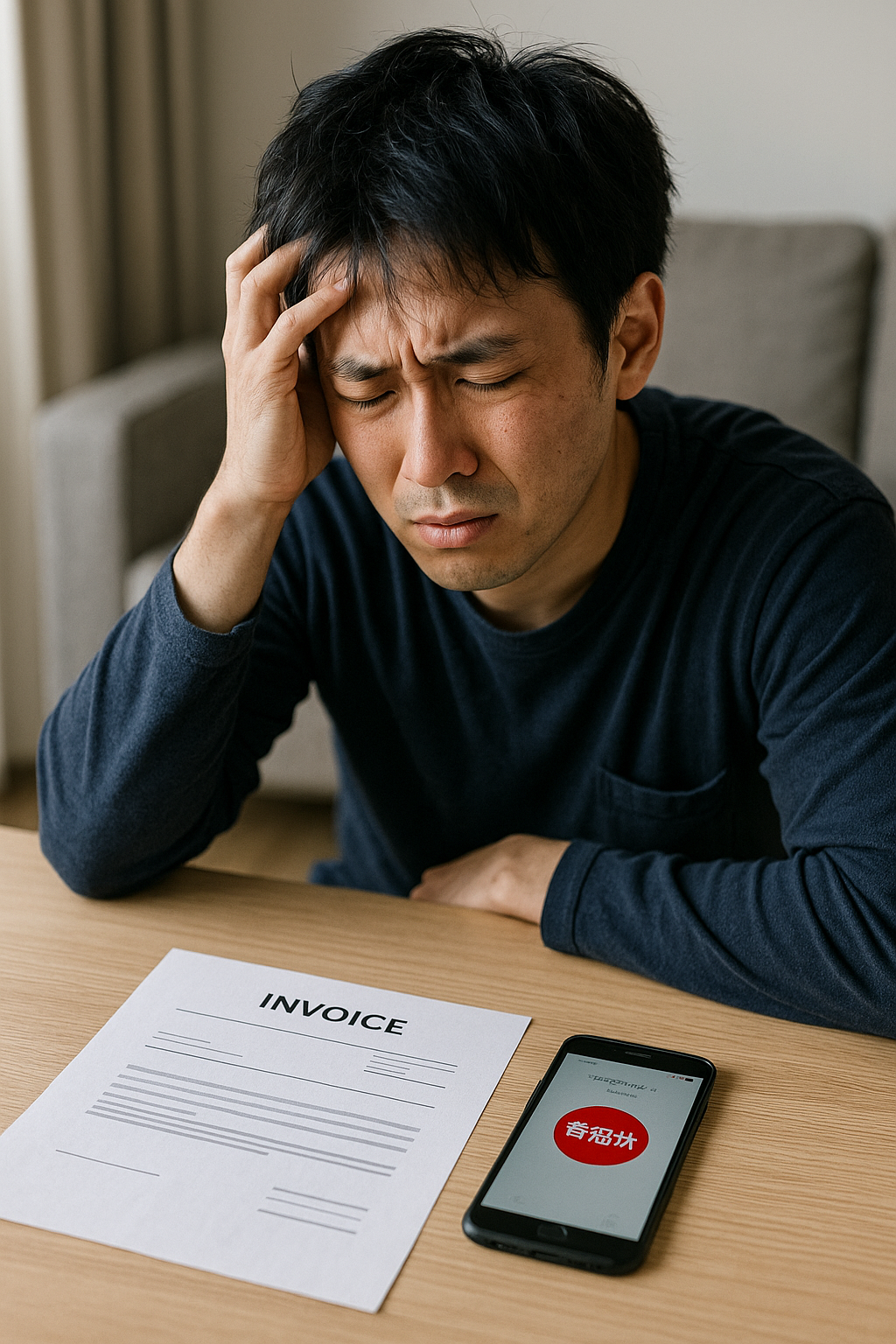 「借金や督促に悩み、不安そうな表情を浮かべる男性