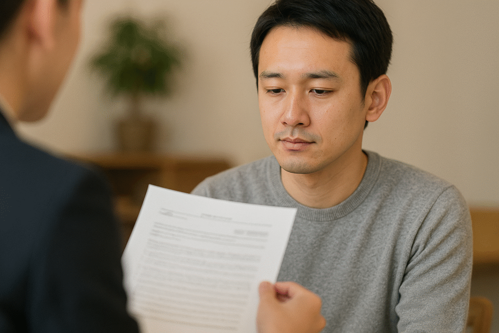 契約書をみせてもらう男性