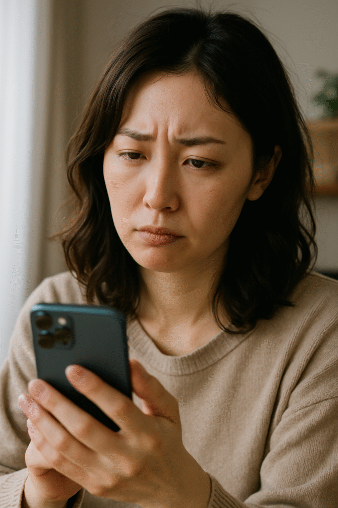 スマホを片手に、複雑な表情で調べものをしている日本人の30代女性。
