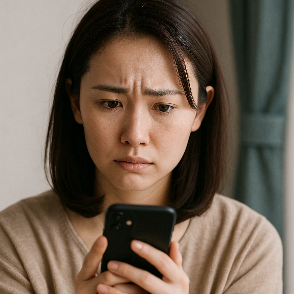 スマホ画面を見つめ、不安げな表情を浮かべる日本人女性。広告の内容に戸惑っている雰囲気。