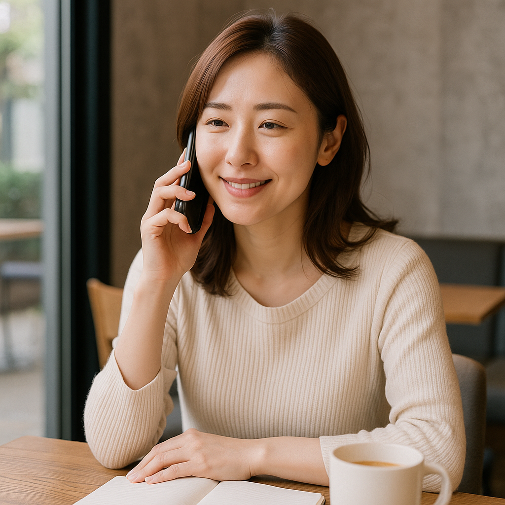 安心した表情でカフェに座る日本人女性。債務整理を終え、日常を取り戻しつつある様子