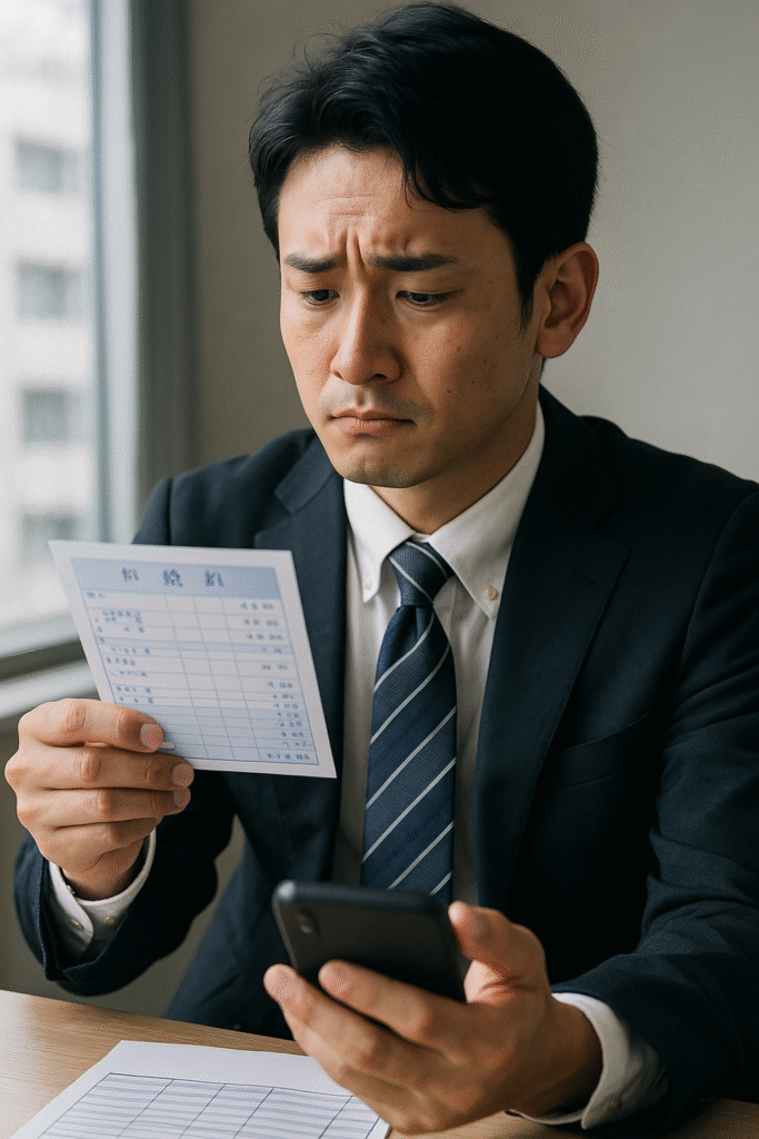 ボーナス支給明細を見て、顔を曇らせるスーツ姿の日本人男性