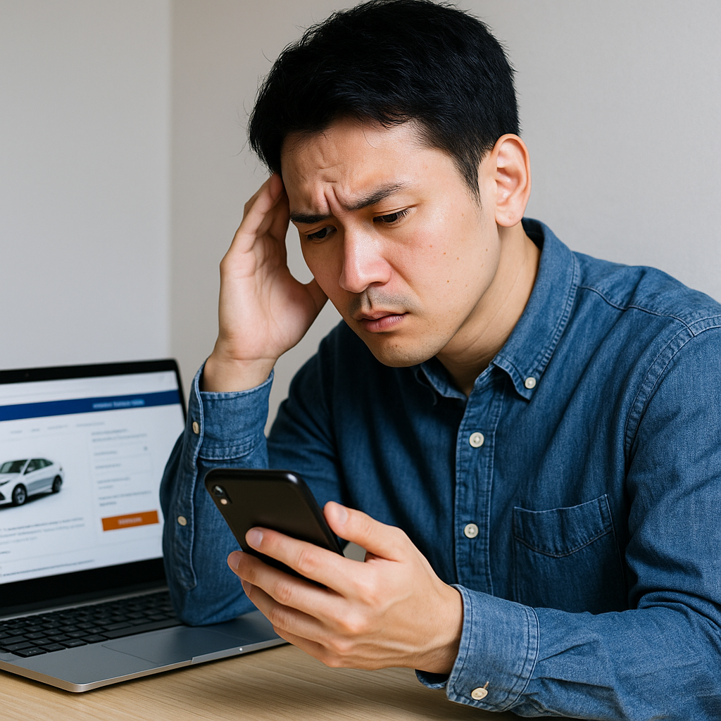 レンタカー予約サイトを前に、困った表情でスマートフォンを操作する若い日本人男性