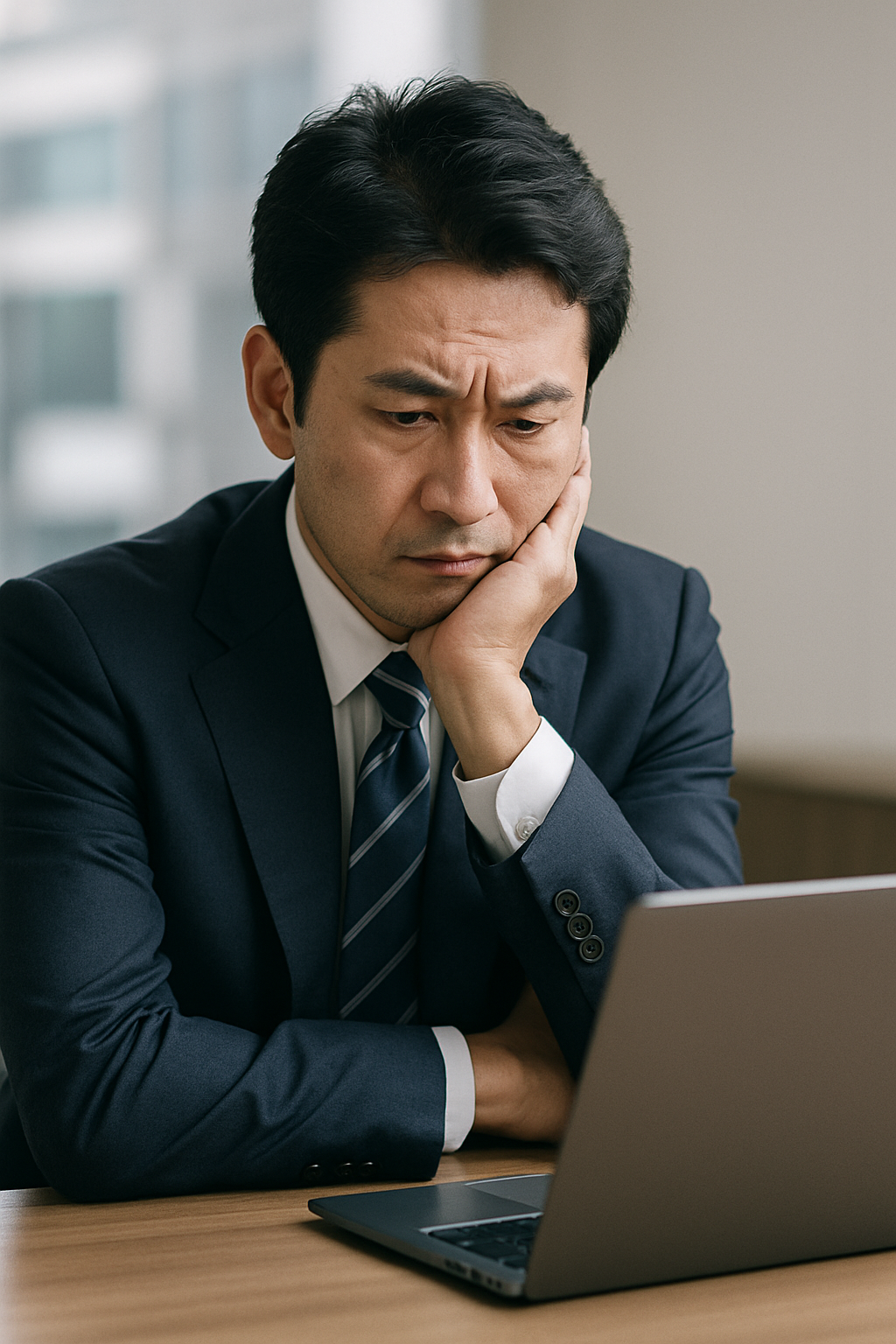 スーツ姿の日本人男性がパソコン画面を前に険しい表情で考え込む様子。債務整理の依頼先に悩んでいる雰囲気。