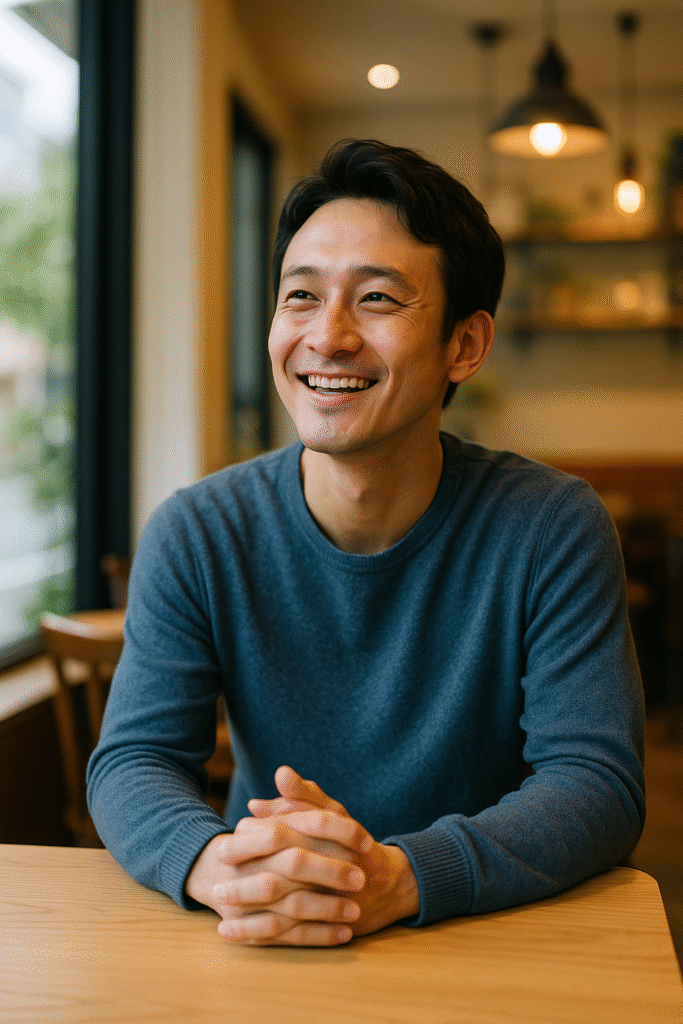 明るい表情でカフェのテーブルに座る日本人男性。未来に希望を感じている様子。
