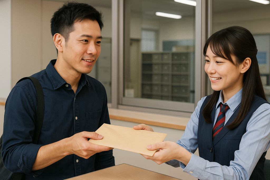 郵便局の窓口で封筒を受け取る日本人男性。局留め対応で自宅に届かない工夫をしている様子