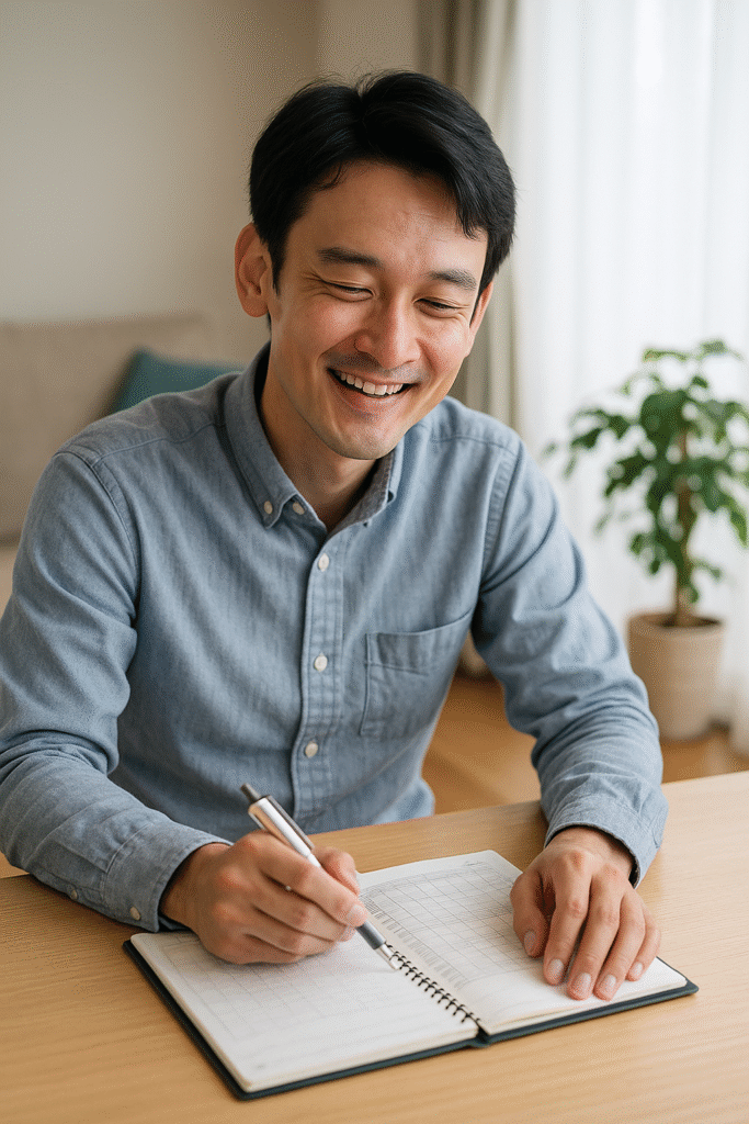 明るい表情で家計簿を確認する日本人男性。生活が安定してきた雰囲気