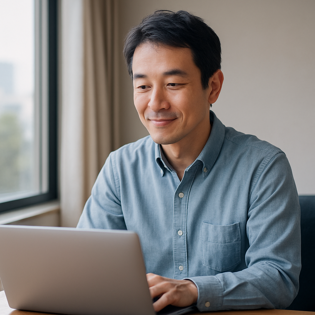 窓辺でノートPCに向かい、穏やかな表情で作業している日本人男性。再スタートに向けて前進している雰囲気。
