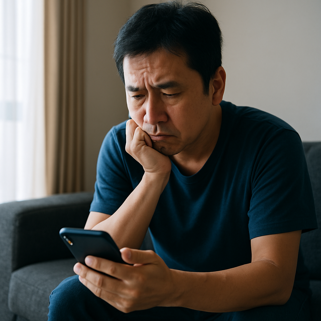 夏のボーナスが入ったのに残らず、暗い表情でスマホを見つめる40代日本人男性。金銭的な不安に悩んでいる様子。