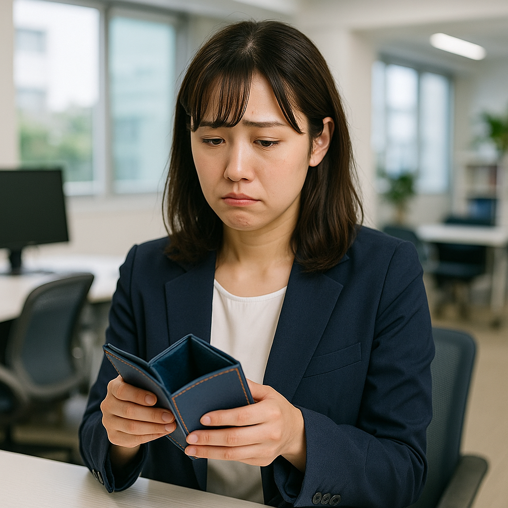 不安な表情でスマートフォンを操作し、法律事務所にLINE相談する若い日本人女性