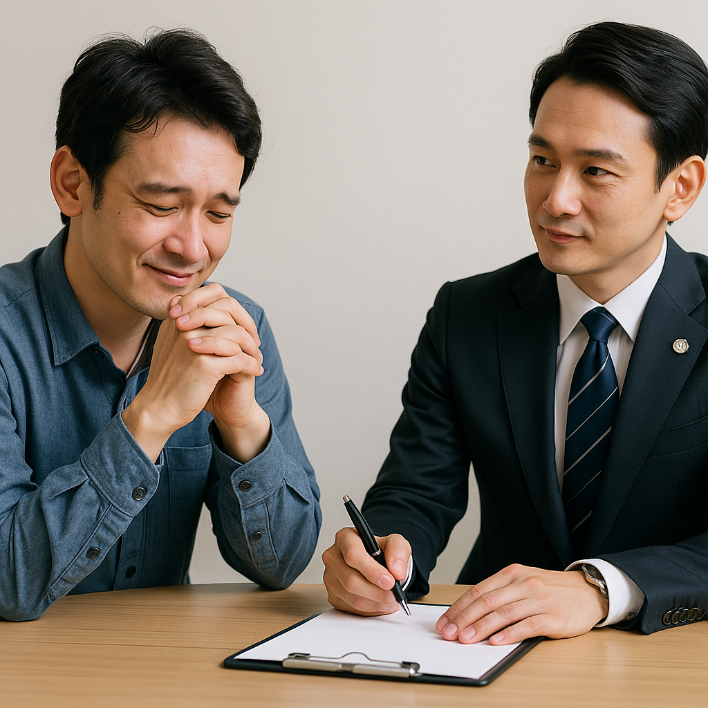 "スーツ姿の弁護士と相談する日本人男性"