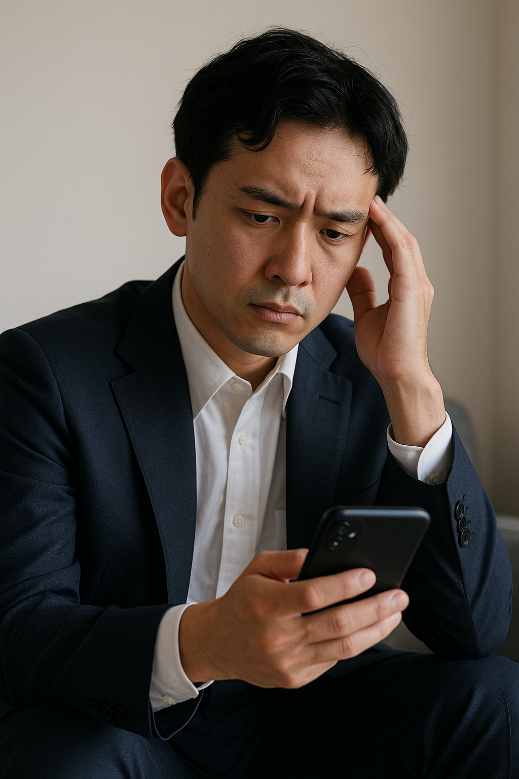 スマホを見ながら借金相談に悩む日本人男性"