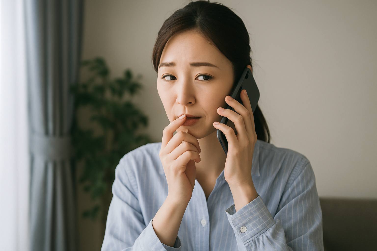 落ち着いた表情でスマートフォンを操作する日本人女性。プライバシーを守りながら債務整理について調べている様子